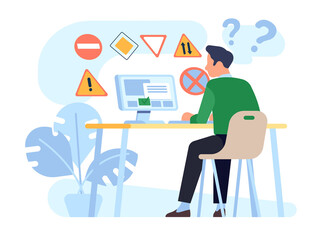 Man takes his driving test while sitting behind computer screen. Guy choosing answer in questionnaire. Student at table. Web examination. Person solving quiz. png e-learning concept