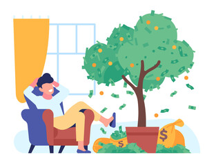 Man relaxes and gets money from passive income. Dollar banknotes tree. Successful investment. Male sitting in armchair. Cash bags. Financial profit. Easy finance earning. png concept