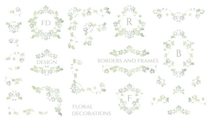Obraz premium Green floral decor set. Silhouette drawing of flowers and leaves. Vintage frame, border, corner and frame monogram.