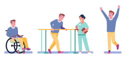 Young man stands up from his wheelchair as result of rehabilitation. Medical treatment process. Doctor helps disabled guy to walk. Physiotherapy progress. Health recovery. png concept