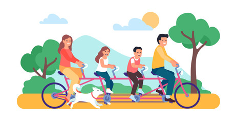 Obraz na płótnie Canvas Joyful family rides together on tandem. Parents and kids on bicycle. City transportation. Young people walking with dog in park. Couple and children biking in nature. png concept