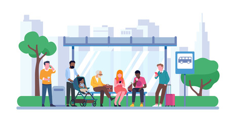 People waiting for bus at transit stop. Public transport station. Persons sitting on bench. Urban traffic. Transportation service. Men and women standing on sidewalk. png concept © VectorBum