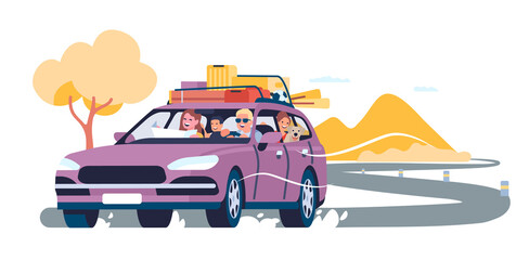 Summer travel by car. Family auto vacation. Road trip. Holiday transport driving. Baggage on vehicle roof. Automobile tourism. Adventure journey. Parents with children. png concept © VectorBum