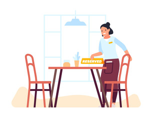 Waiter puts sign on reserved table. Booking table in restaurant. Catering service. Preorder in cafeteria. Waitress serving dining desk for reservation. Order in cafe. png concept