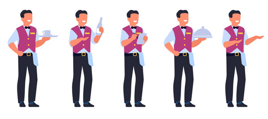 Waiter character. Restaurant employee. Headwaiter or sommelier. Man in cafe uniform. Male holding menu and wine bottle. Person carrying cup on tray. png catering workers poses set