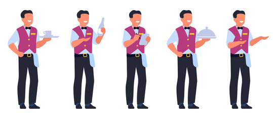 Obraz premium Waiter character. Restaurant employee. Headwaiter or sommelier. Man in cafe uniform. Male holding menu and wine bottle. Person carrying cup on tray. png catering workers poses set
