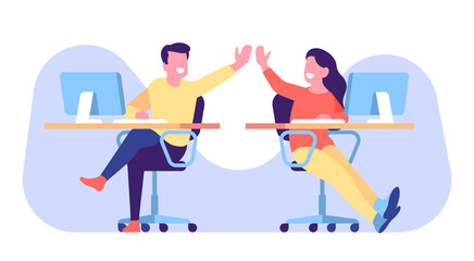 Fototapeta na wymiar Office workers high five each other as sign of teamwork. People working together. Man and woman sitting at tables. Employees collaboration. Professional cooperation. png concept