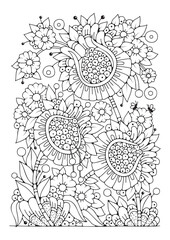 Floral background for coloring, coloring page for children and adults. Background with flowers for drawing.