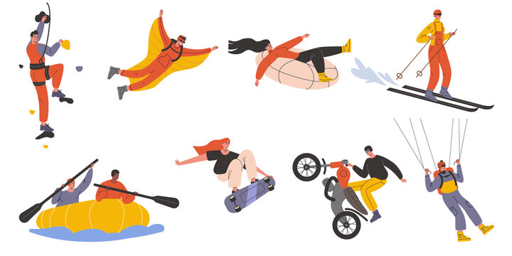 Extreme sport. People looking for thrills. Dangerous activities types. Adrenaline rush. Skydiving or skateboarding. Ski race. Motorsport or mountaineering. Adventurous persons png set
