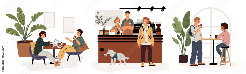 Wall mural Coffee shop visitors. Restaurant customers. Happy people in cafe. Friends sitting at tables and chatting. Professional barista makes cappuccino. Coffeehouse interior. Garish png set