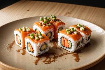 sushi roll with salmon, cucumber and cream cheese on a plate. 