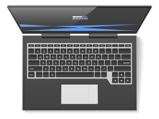 Office stationery. Realistic laptop top view. PC screen and keyboard. Portable computer. Electronic equipment. Logo brand identity design. Device display. png isolated business object
