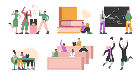 Student life scenes. Guys and girls at lecture in audience. Educational process. Relax or study. Graduates rejoice. Woman reading books. Man learning math. png university education set