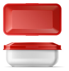 Realistic food container. Plastic product box with red cap. Home meal storage packaging mockup. White jar. Square pot. Top and side view. Snack pack. png isolated reusable package