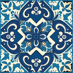 Blue Tiles Background, Old Fasion Retro Azulejo Mosaic Tile, Vintage Portuguese Wall Ceramic Seamless Pattern