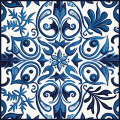 Blue Tiles Background, Old Fasion Retro Azulejo Mosaic Tile, Vintage Portuguese Wall Ceramic Seamless Pattern