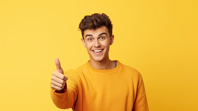 Illustration Of A Happy Young Man In Yellow Sweater And Hat Showing Thumbs Up On Yellow Background, Copy Space, Ai Generative