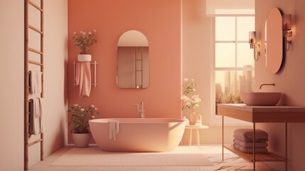 Fototapeta na wymiar Minimalist Bathroom in Soft Pastel Hues. Contemporary Bathroom with Muted Pink-like Palette.