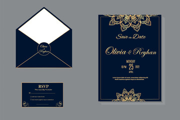 Blue And Golden Mandala Wedding Invitation Template Design