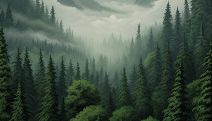 Fototapeta premium forest mountains fog green pixelart realistic hyperdet
