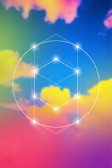 Sacred geometry spiritual new age futuristic illustration with transmutation interlocking circles, triangles and glowing particles