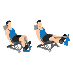 Fototapeta na wymiar Man doing seated machine leg extensions exercise. Flat vector illustration isolated on white background