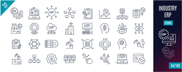 Best collection industry line icons. ERP, machine, data, automation,.. - obrazy, fototapety, plakaty