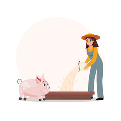 Farm worker feeding a cute pig at the long trough.