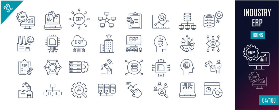 Best collection industry line icons. ERP, machine, data, automation,..