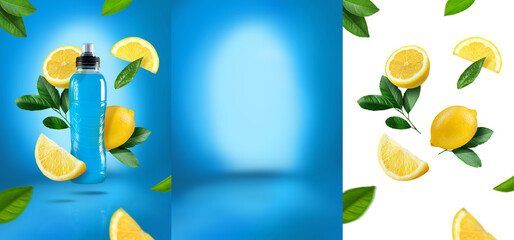 Isotonic drink display fresh water product on blue background with lemon png fruits flying on mockup © beka
