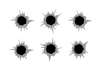 Ragged hole in metal from bullets on white transparent background. Vector