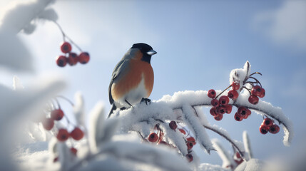 Cute bullfinch bird sits on a bunch of red rowan berries, Christmas greeting card, AI generative illustration