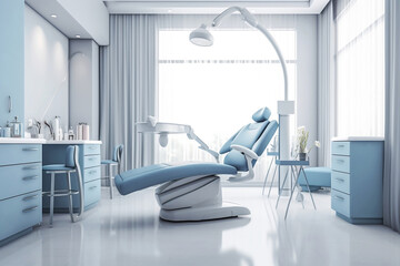 Modern dental chair with a comfortable light blue pastel 