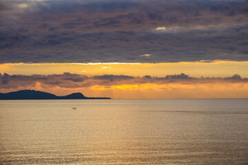 Morning sea orange light. Meditation ocean and sky background.