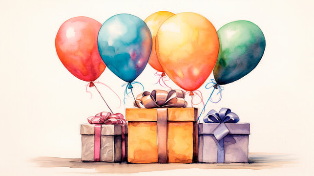 a watercolor painting of colorful gift boxes and balloons. Generative ai edited