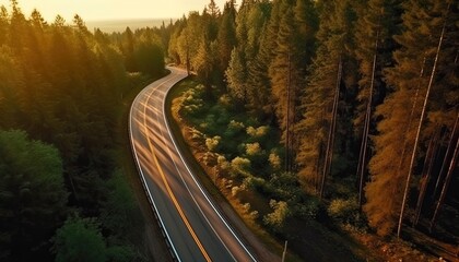 Naklejka premium Drone view of a meandering road through forest at sunrise. car on the road.