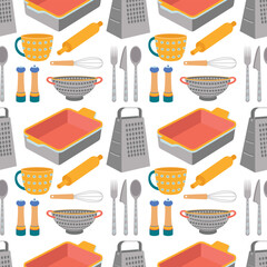 Pattern of kitchen utensils, pan, spoon, fork, knife, mug, whisk, baking dish, colander, grater.