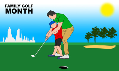 a father teaching his son golf with a view of the silhouette of a tall building commemorating Family Golf Month
