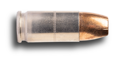 Dropshadow below a shiny 9 mm self-defense cartridge