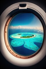 Island and ocean are seen through window of an aircraft. Travel concept. Flight by plane. Generative Ai