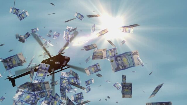 Morocco Dirham banknotes helicopter money dropping. Moroccan Dirhams MAD notes abstract 3d concept of inflation, money printing, finance, economy, crisis and quantitative easing.