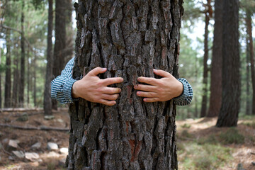 Man hugging a tree. Save the planet. Climate change.