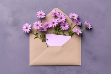 An open envelope with a bunch of purple flowers in it. Generative AI.