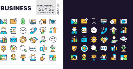 Business pixel perfect light and dark theme color icons set. Commerce and finance. Digitalization. Simple filled line drawings. Bright cliparts on white and black. Editable stroke. Poppins font used
