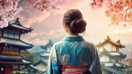 AI generative back view of a japanese woman wearing a traditional clothes surrounded by sakura flowers in spring 