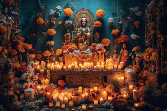 A shrine filled with candles and a statue. AI generative. Day of the Dead picturesque display