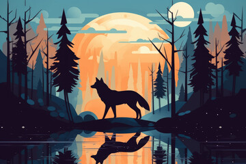 wolf silhouette in forest by river full moon at night illustration Generative AI
