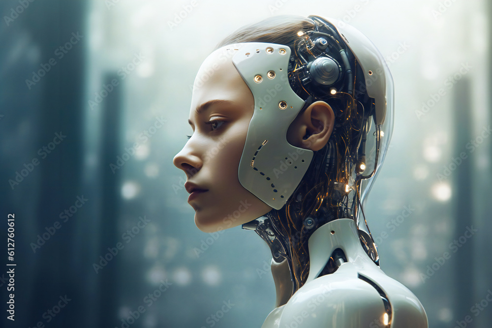 Poster stylized augmented human head. artificial intelligence concept illustration. created with generative