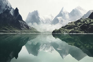 The illustration of the Embark on a visual journey to breathtaking heights, a crystal-clear stream meanders through the picturesque valley. Generative AI.