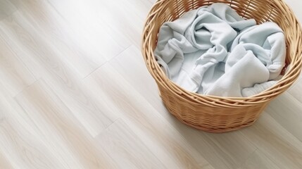 Fototapeta na wymiar Laundry Clothes in Basket on White Wooden Floor.